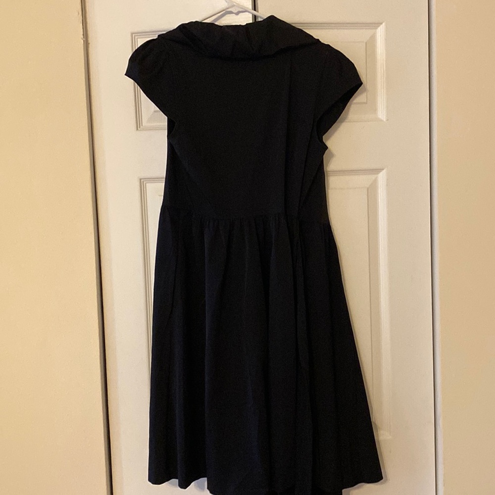 Black 50’s styled wrap dress, work professional, ruffled sleeves